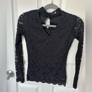 Ambiance Black Lace Blouse With V- Neck And SheerSleeves
